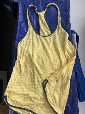 lululemon athletica Yellow Striped Racerback Tank with Gray Trim